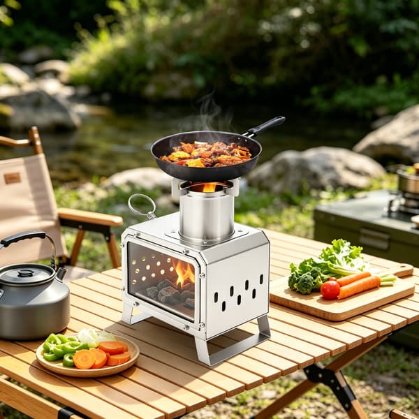 Bärbar vedeldad campingkamin med glasfönster utomhus