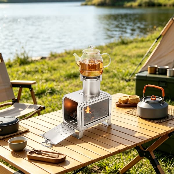 Bärbar vedeldad campingkamin med glasfönster utomhus