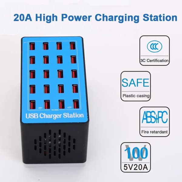 Laddningsstation med 20xUSB (max 2.4A), 100W, blå