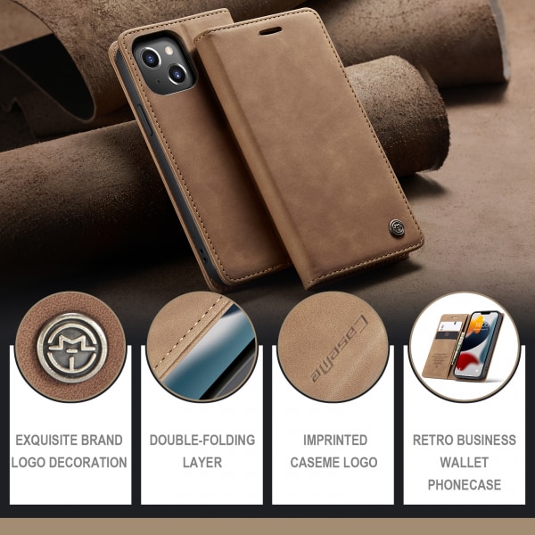 CaseMe 013 Series läderfodral till iPhone 13, brun brun