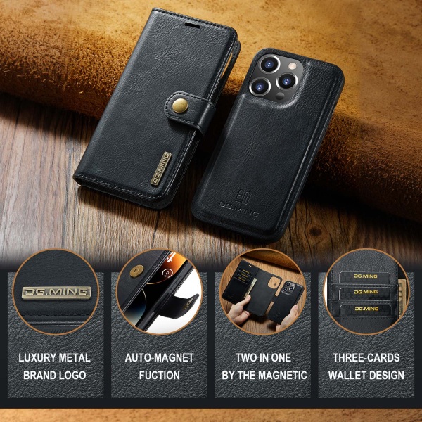 DG.MING Läderfodral med magnetskal, iPhone 14 Pro, svart svart