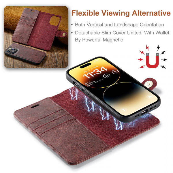 DG.MING Läderfodral med magnetskal, iPhone 14 Pro Max, röd röd