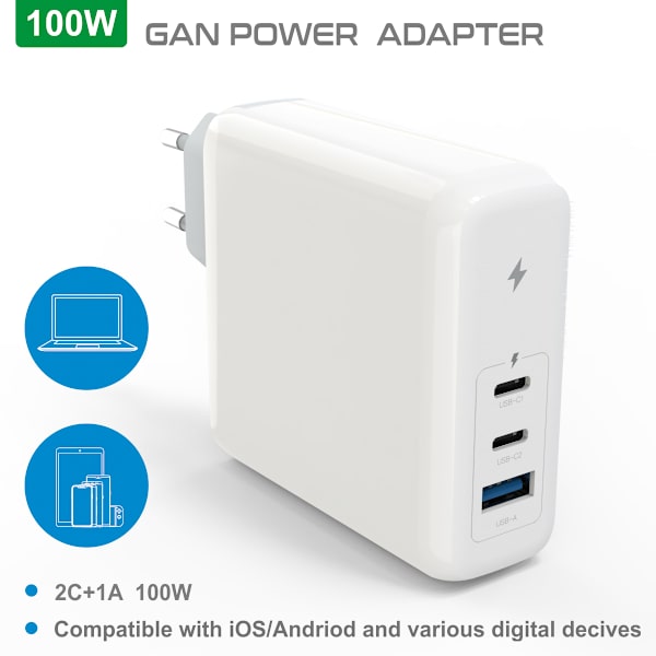 Väggladdare med GaN-teknik, 2xUSC-C + 1xUSB 3.0 QC, kabel, 100W