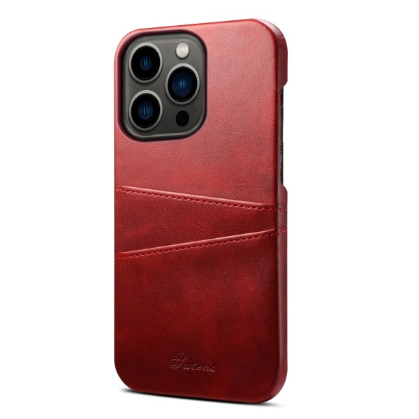 Läderskal med 2 kortplatser till iPhone 14 Pro Max, röd röd
