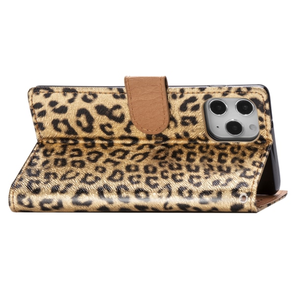 Leopard läderfodral med ställ/kortplats, iPhone 12 Pro Max, g...