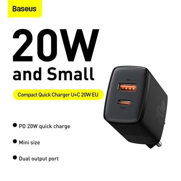 Baseus CCXJ-B01 Compact Väggladdare USB+USB-C, 20W, EU, svart svart
