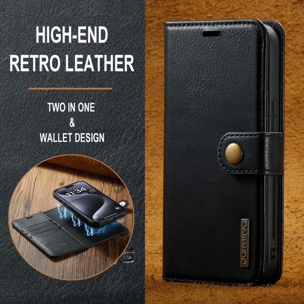 DG.MING Läderfodral med magnetskal, iPhone 15 Pro Max, svart svart