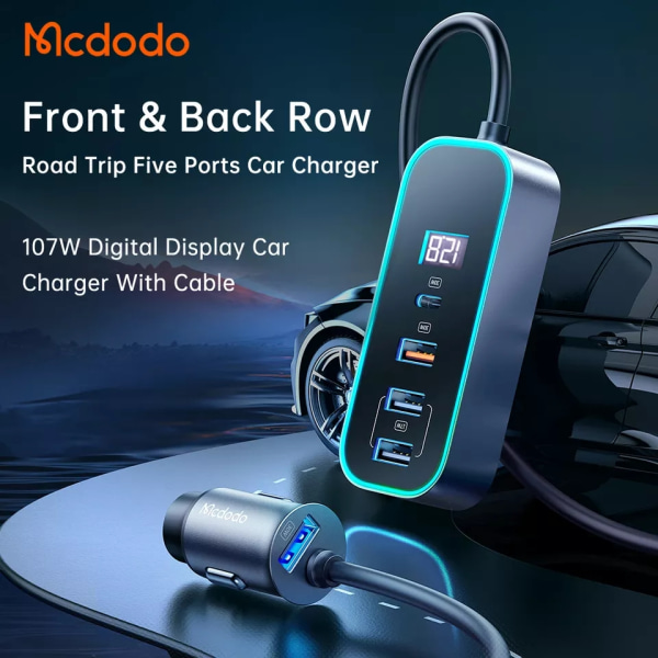 McDodo CC-1900 USB+USB-C Billaddare med display, 5 uttag, 107W svart