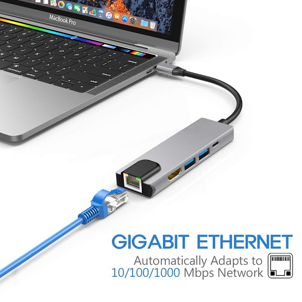 USB-C till HDMI/2xUSB3.0/USB3.1/Ethernet, grå