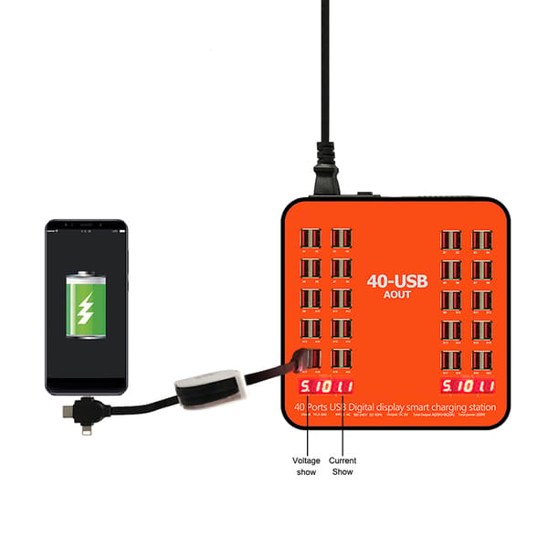 Laddningsstation med LCD-display 40xUSB 3A, 200W orange