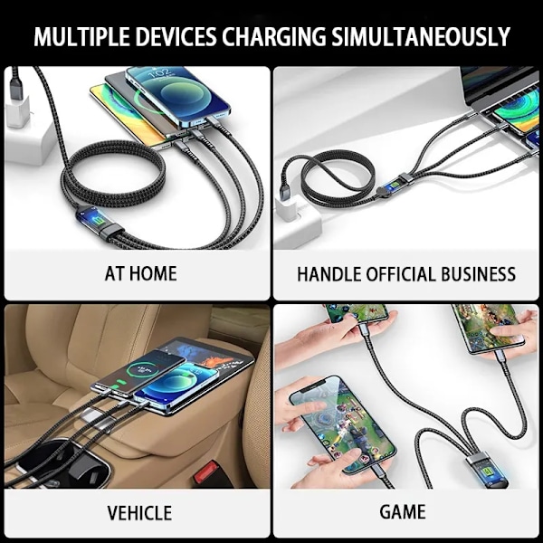 3-i-1 Multikabel, USB-C+MicroUSB+Lightning, 100W, 5A, 1.2m