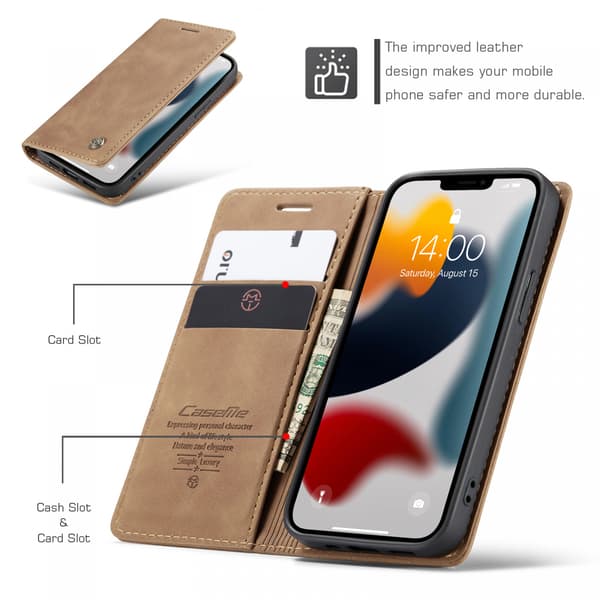CaseMe 013 Series läderfodral till iPhone 13, brun brun