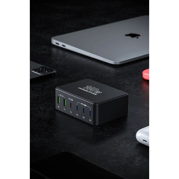 USB+USB-C Laddstation med 6 uttag, PD+QC3.0, 140W