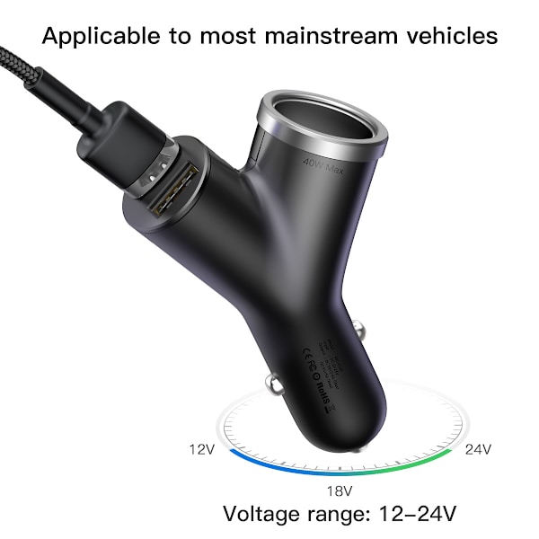 BASEUS billaddare, 2xUSB, 1xSocket, svart