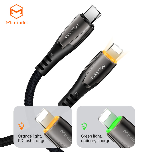 McDodo CA-7651 USB-C till Lightning kabel, LED, PD, 36W, 1.8m svart 2 m