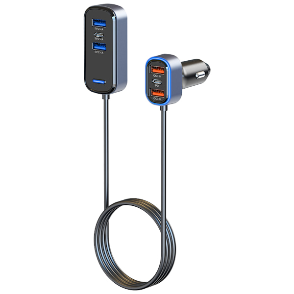 Billaddare med förlängare, 4xUSB+ 2xUSB-C, QC3.0, PD, 65.5W svart