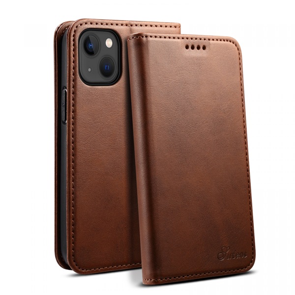Läderfodral med kortplats och ställ, iPhone 13, mörkbrun brun