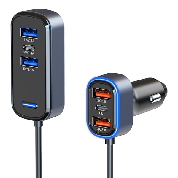 Billaddare med förlängare, 4xUSB+ 2xUSB-C, QC3.0, PD, 65.5W svart