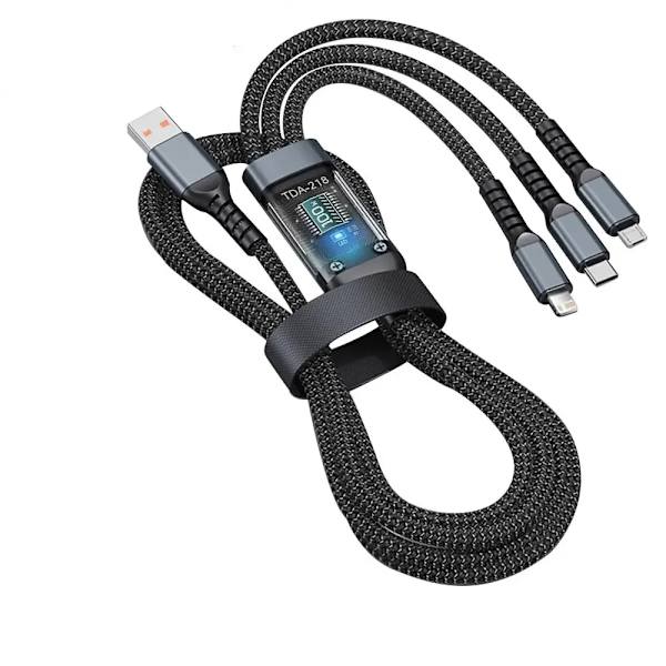 3-i-1 Multikabel, USB-C+MicroUSB+Lightning, 100W, 5A, 1.2m