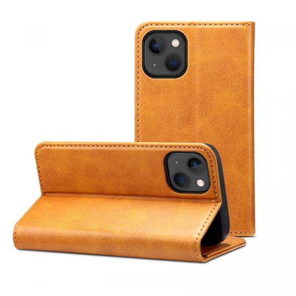 Läderfodral med kortplats och ställ, iPhone 13, ljusbrun brun