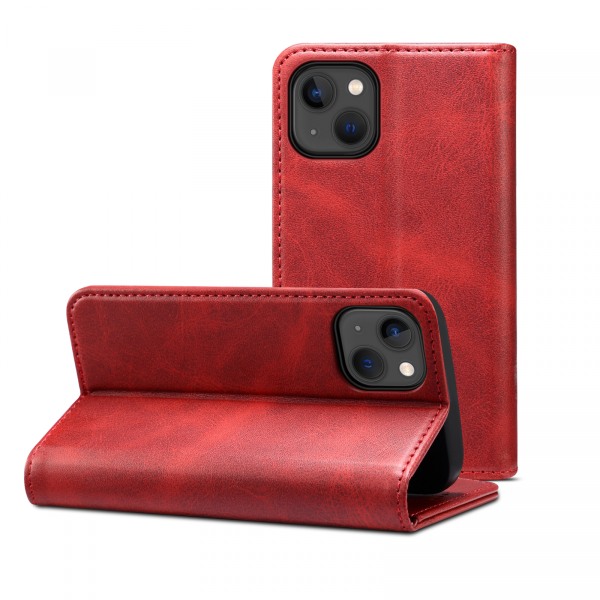 Läderfodral med kortplats och ställ, iPhone 13, röd röd