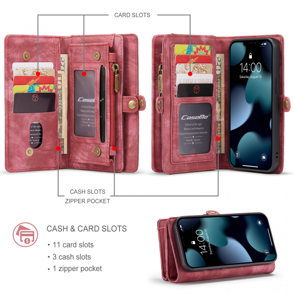 CaseMe 008 Series läderfodral, iPhone 13, röd röd