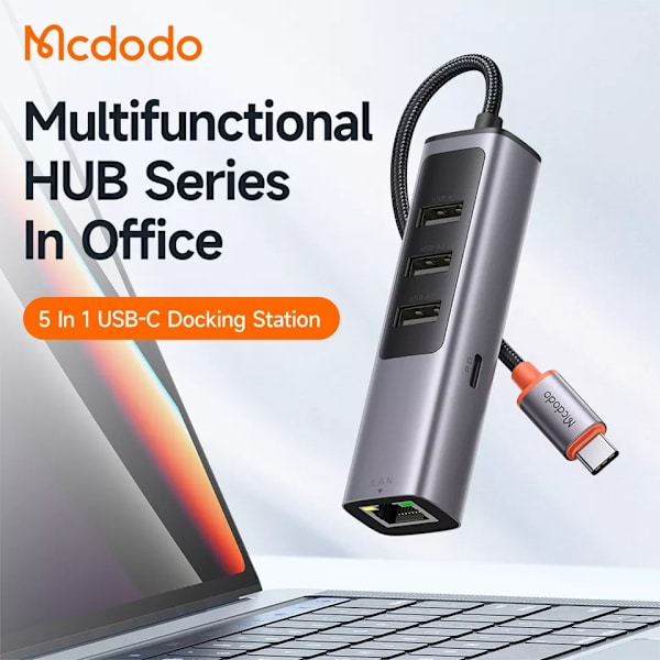 McDodo HU-111 USB-C hubb 3xUSB3.0+USB-C+RJ45, PD,100W