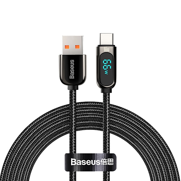 Baseus Display USB-A till USB-C kabel, 66W, 6A, 2m, svart