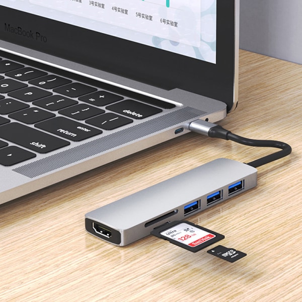 6-i-1 USB-C hubb med 3xUSB 3.0, kortläsare och HDMI, PD, 87W