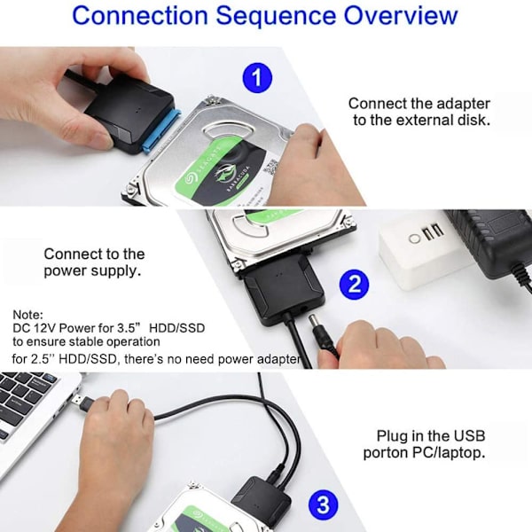 USB 3.0 till 2.5 -3.5 tum SATA SSD/HDD-adapter, 6TB, 5GBps