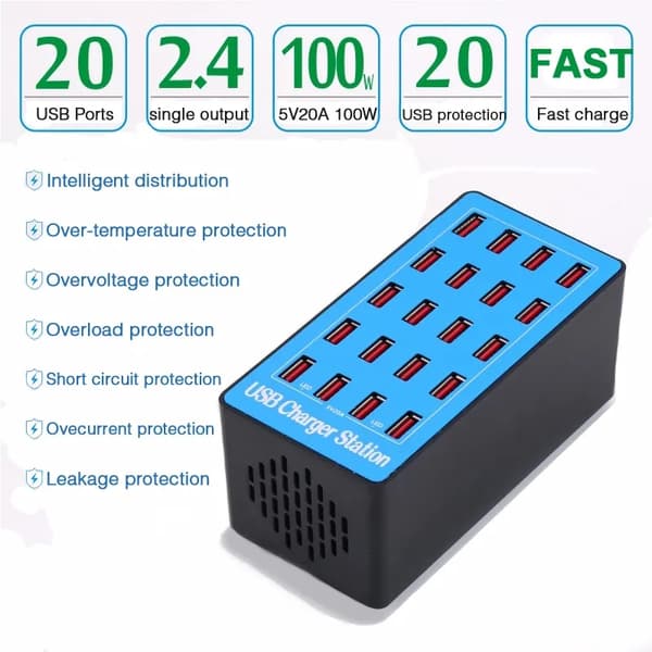 Laddningsstation med 20xUSB (max 2.4A), 100W, blå