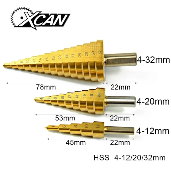HSS stegborrar i 3 olika storlekar, 4-32mm