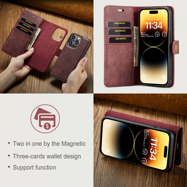 DG.MING Läderfodral med magnetskal, iPhone 14 Pro Max, röd röd