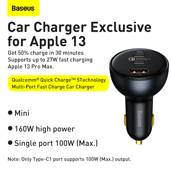 Baseus 2xUSB-C+USB billaddare, QC, PD, 160W, svart