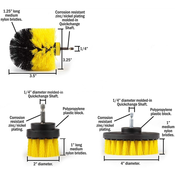 Borstset till skruvdragare för rengöring av klinkers/fogar/fä... gul