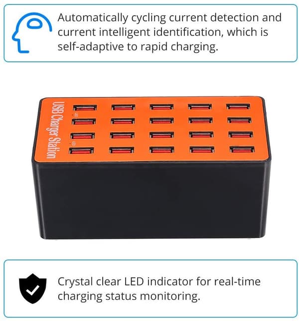 Laddningsstation med 20xUSB 2.4A, 100W, orange