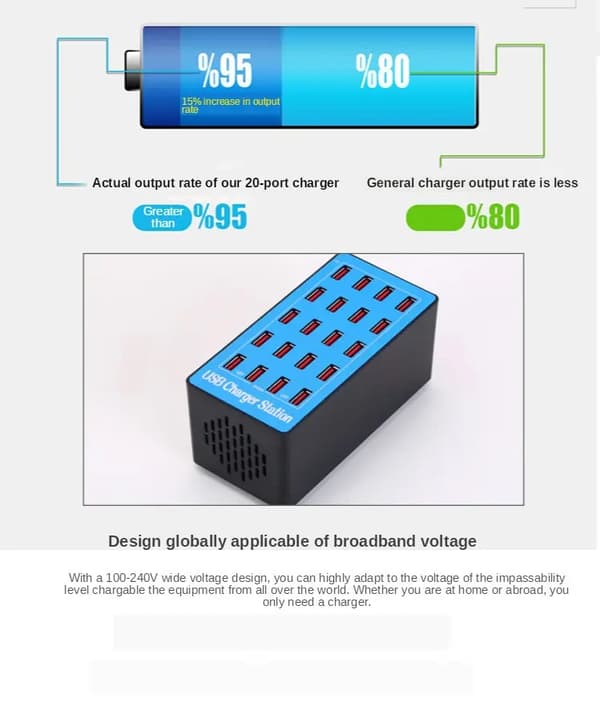 Laddningsstation med 20xUSB (max 2.4A), 100W, blå