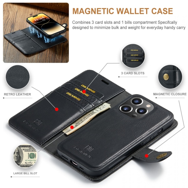 DG.MING Läderfodral med magnetskal, iPhone 14 Pro, svart svart