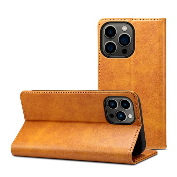Läderfodral med kortplats och ställ, iPhone 13 Pro, ljusbrun brun