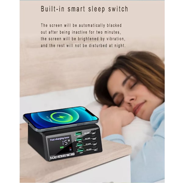Laddningsstation med trådlös laddare, USB+USB-C, PD, QC3.0, 1...