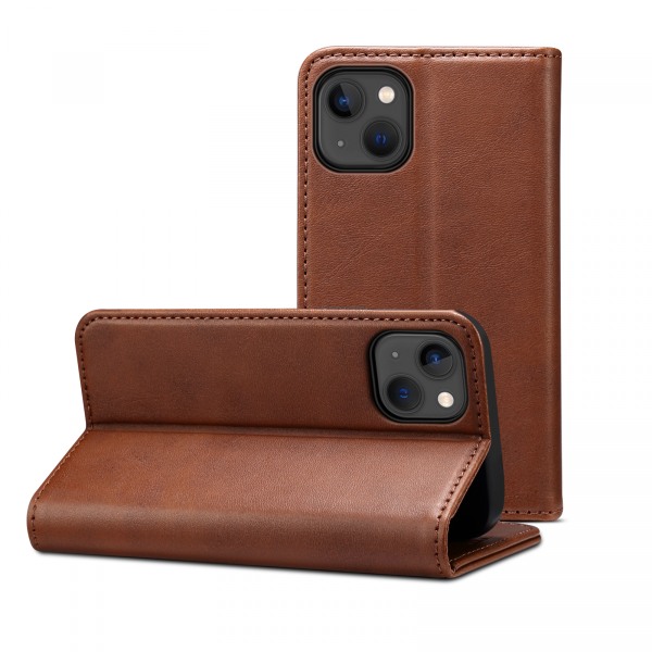 Läderfodral med kortplats och ställ, iPhone 13, mörkbrun brun
