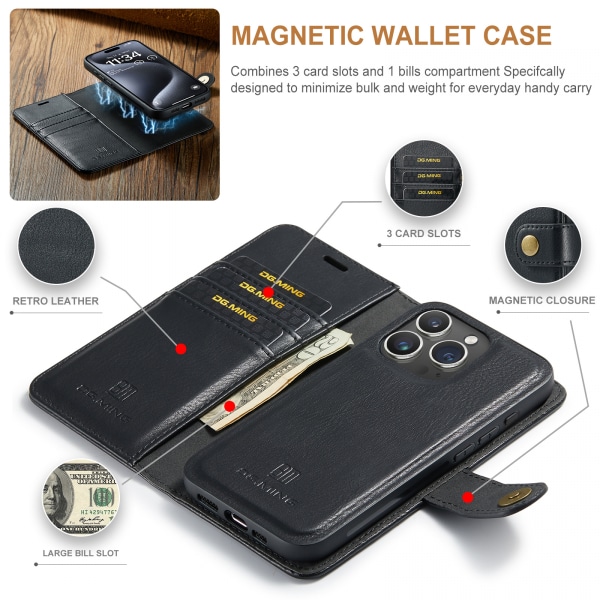 DG.MING Läderfodral med magnetskal, iPhone 15 Pro, svart svart