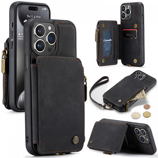 CaseMe C20 Series läderfodral till iPhone 15 Pro Max, svart svart
