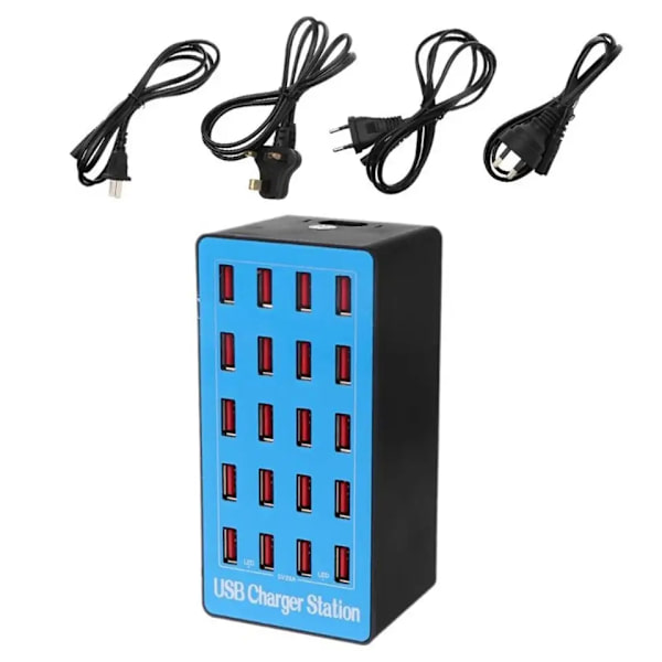 Laddningsstation med 20xUSB (max 2.4A), 100W, blå