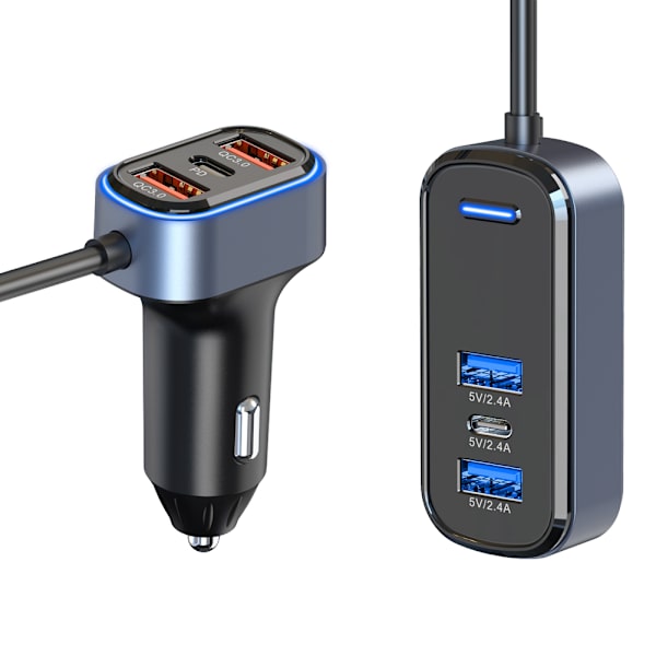 Billaddare med förlängare, 4xUSB+ 2xUSB-C, QC3.0, PD, 65.5W svart