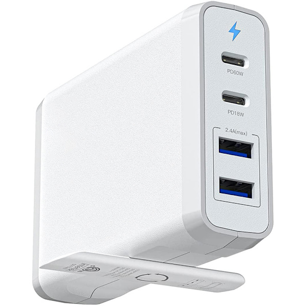 GaN 2xUSB-C+2xUSB-A väggladdare, PD, QC4.0, 75W, vit