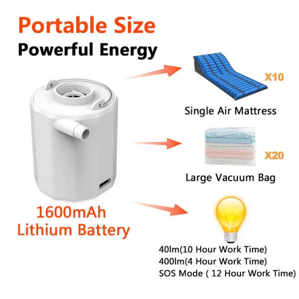 Batteridriven luft-/vakuum-pump med inbyggd lampa, 1600Ah