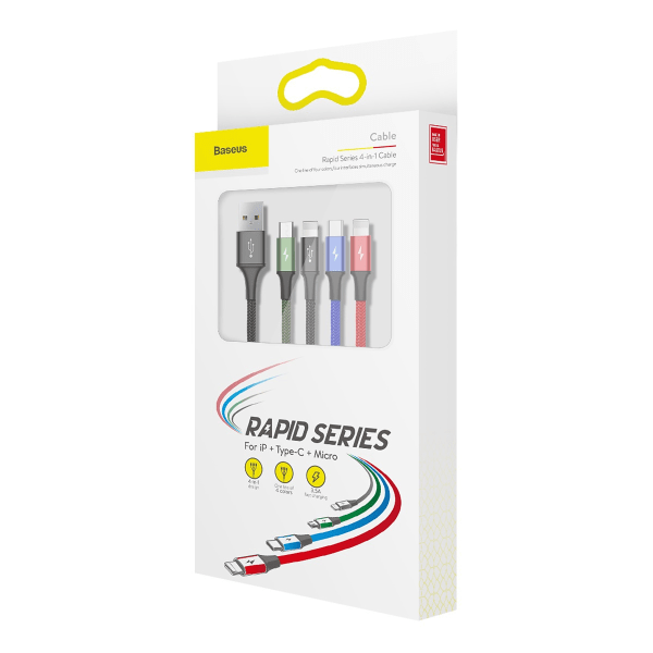 Baseus 4-i-1 multiladdare, USB-C/Lightning/MicroUSB, 3.5A, 1.2m