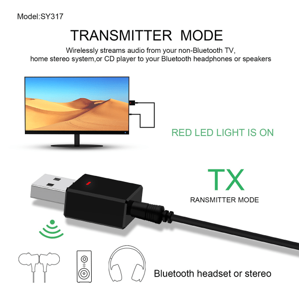 Bluetooth 5.0 Transmitter/Receiver adapter, AUX 3.5mm, svart