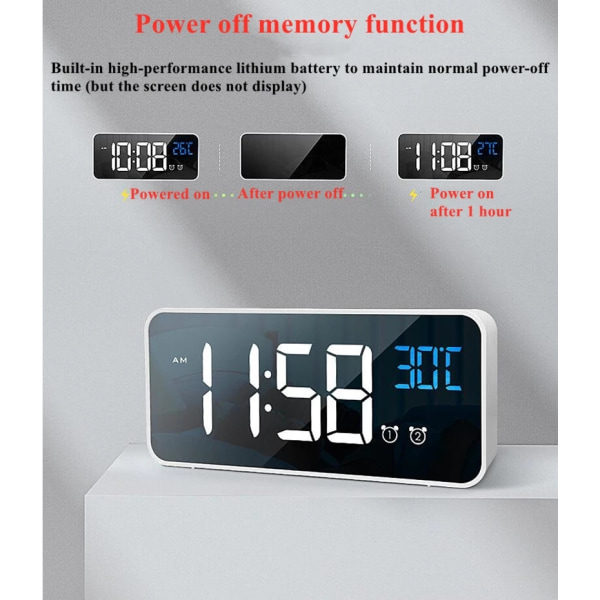 Digital väckarklocka med LED-display, vit vit